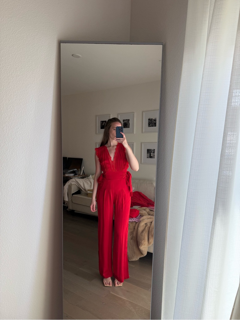 Free People Red V-Neck Tie-Waist Jumpsuit